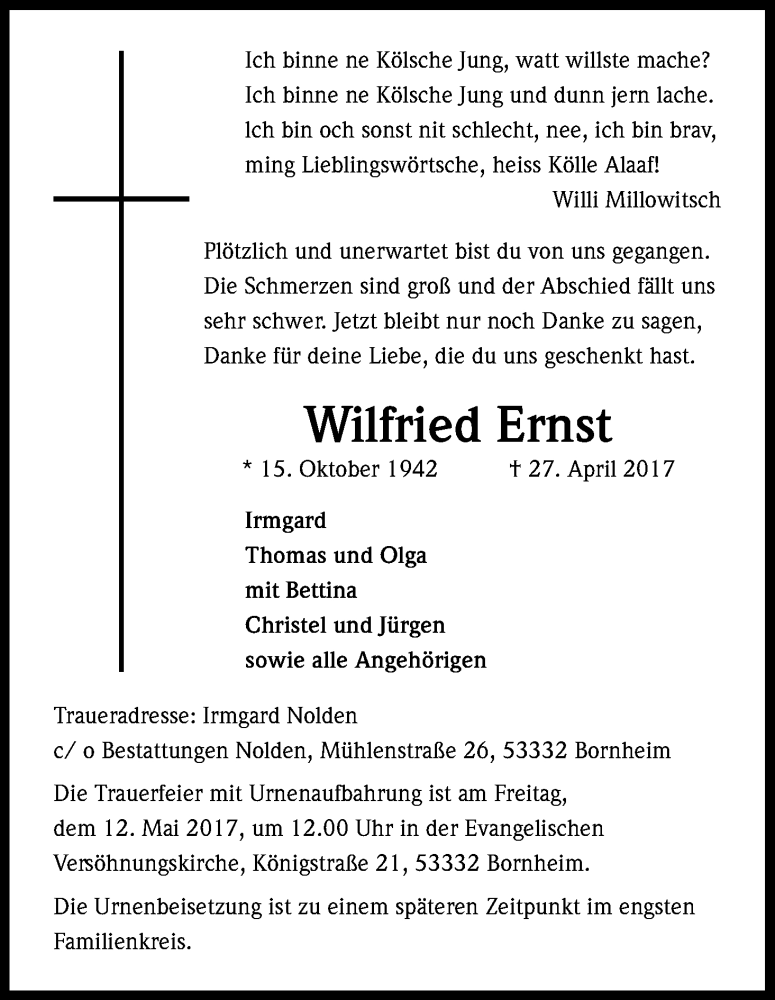  Traueranzeige für Wilfried Ernst vom 09.05.2017 aus Kölner Stadt-Anzeiger / Kölnische Rundschau / Express