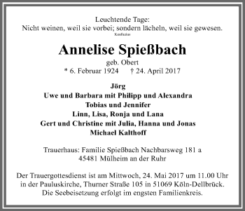 Anzeige von Annelise Spießbach von Kölner Stadt-Anzeiger / Kölnische Rundschau / Express