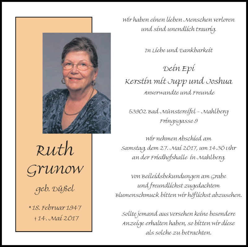  Traueranzeige für Ruth Grunow vom 22.05.2017 aus Kölner Stadt-Anzeiger / Kölnische Rundschau / Express