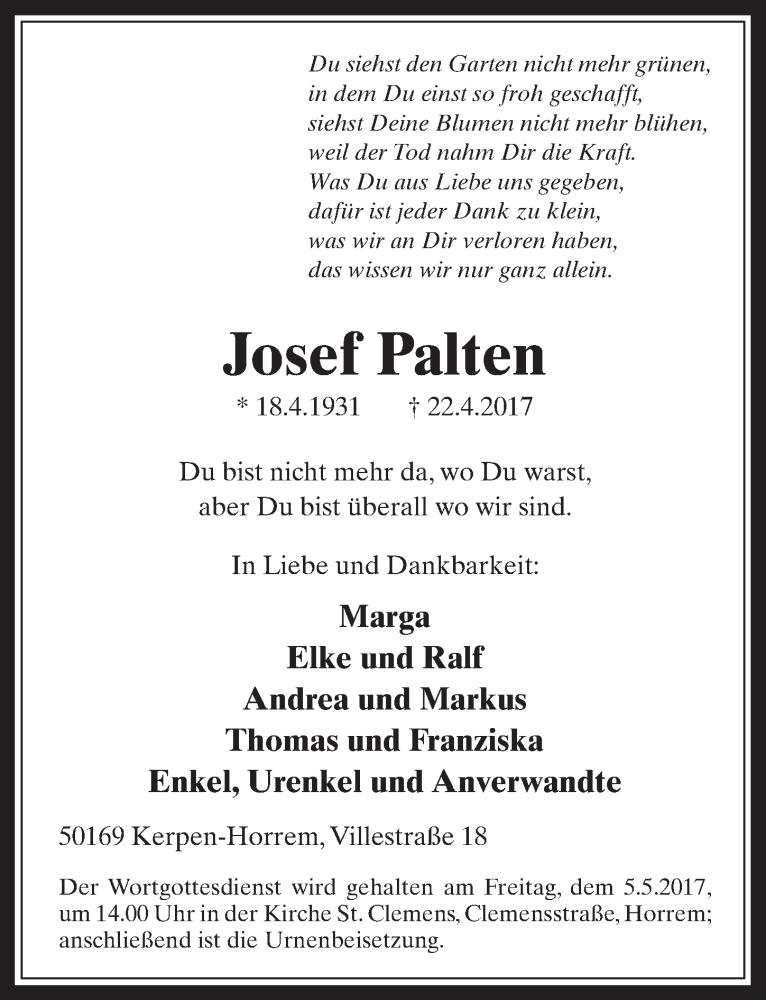  Traueranzeige für Josef Palten vom 03.05.2017 aus  Werbepost 