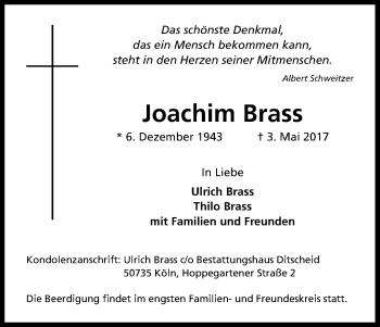 Anzeige von Joachim Brass von Kölner Stadt-Anzeiger / Kölnische Rundschau / Express