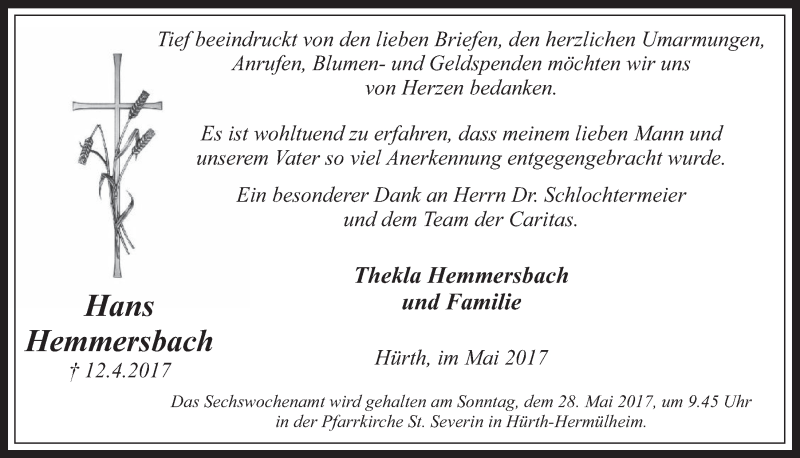  Traueranzeige für Hans Hemmersbach vom 17.05.2017 aus  Wochenende 