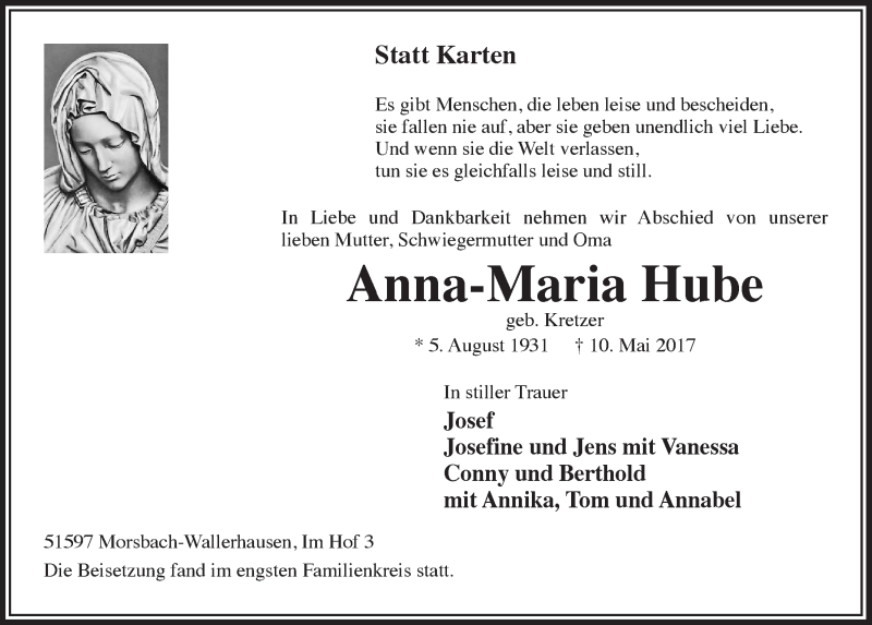  Traueranzeige für Anna-Maria Hube vom 17.05.2017 aus  Lokalanzeiger 