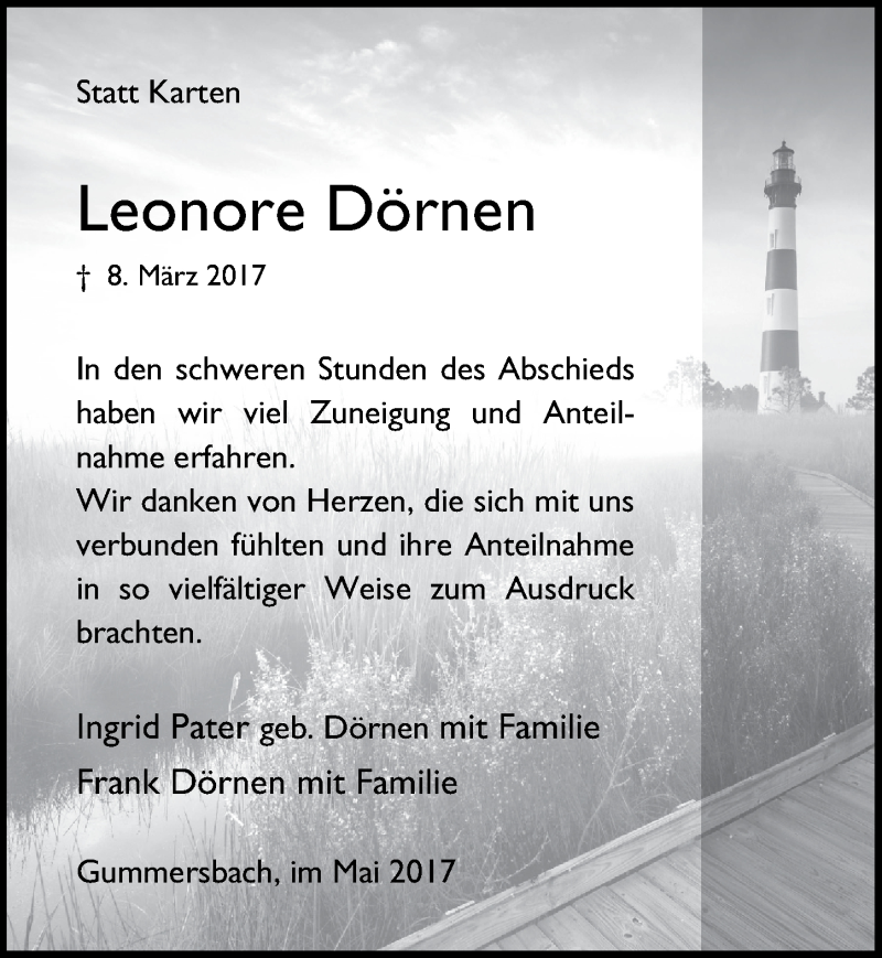  Traueranzeige für Leonore Dörnen vom 10.05.2017 aus  Anzeigen Echo 