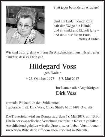 Anzeige von Hildegard Voss von  Bergisches Sonntagsblatt 