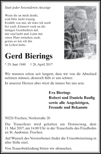 Anzeige von Gerd Bierings von  Sonntags-Post 