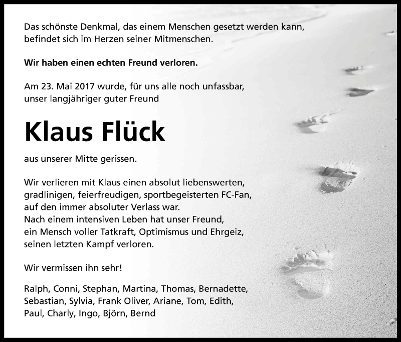  Traueranzeige für Klaus Flück vom 29.05.2017 aus Kölner Stadt-Anzeiger / Kölnische Rundschau / Express
