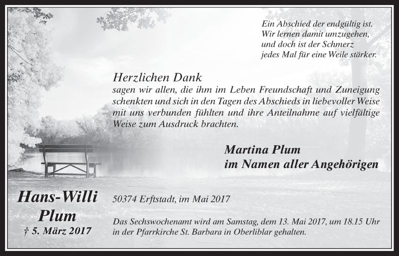  Traueranzeige für Hans-Willi Plum vom 10.05.2017 aus  Wochenende  Werbepost 
