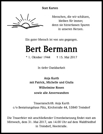 Anzeige von Bert Bermann von Kölner Stadt-Anzeiger / Kölnische Rundschau / Express