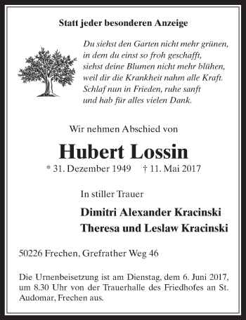 Anzeige von Hubert Lossin von  Wochenende 