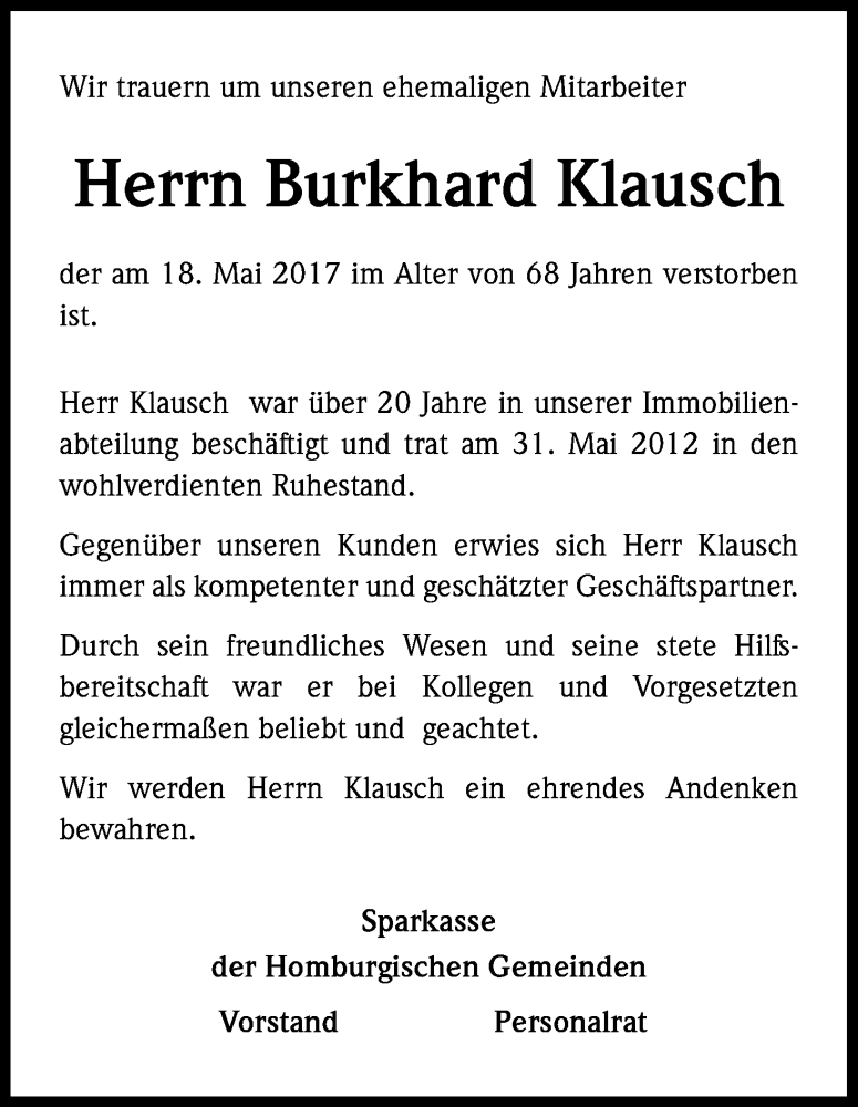  Traueranzeige für Burkhard Klausch vom 23.05.2017 aus Kölner Stadt-Anzeiger / Kölnische Rundschau / Express