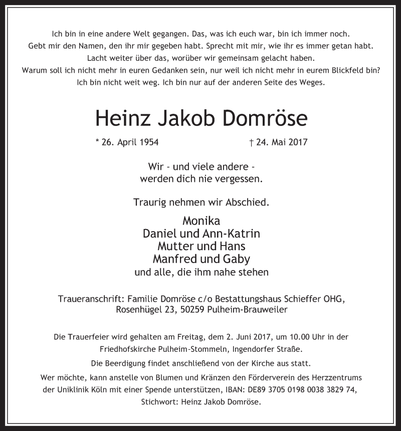  Traueranzeige für Heinz Jakob Domröse vom 31.05.2017 aus  Wochenende 