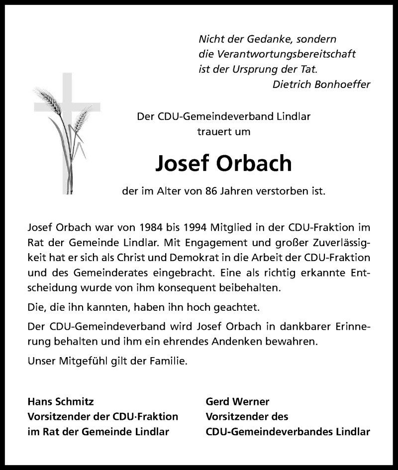  Traueranzeige für Josef Orbach vom 23.05.2017 aus Kölner Stadt-Anzeiger / Kölnische Rundschau / Express