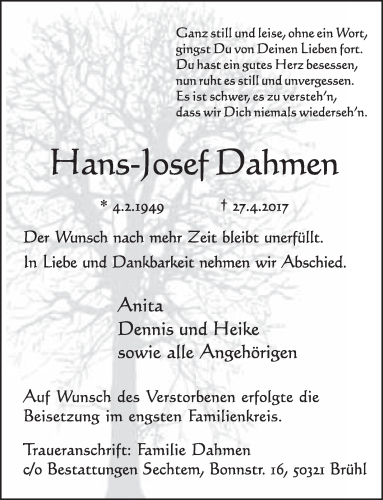  Traueranzeige für Hans-Josef Dahmen vom 10.05.2017 aus  Schlossbote/Werbekurier 