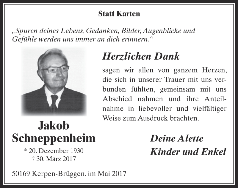  Traueranzeige für Jakob Schneppenheim vom 17.05.2017 aus  Werbepost 