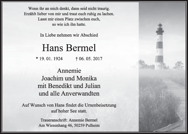  Traueranzeige für Hans Bermel vom 13.05.2017 aus  Sonntags-Post 