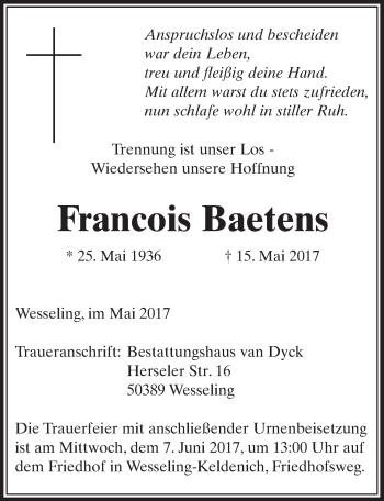 Anzeige von Francois Baetens von  Schlossbote/Werbekurier 