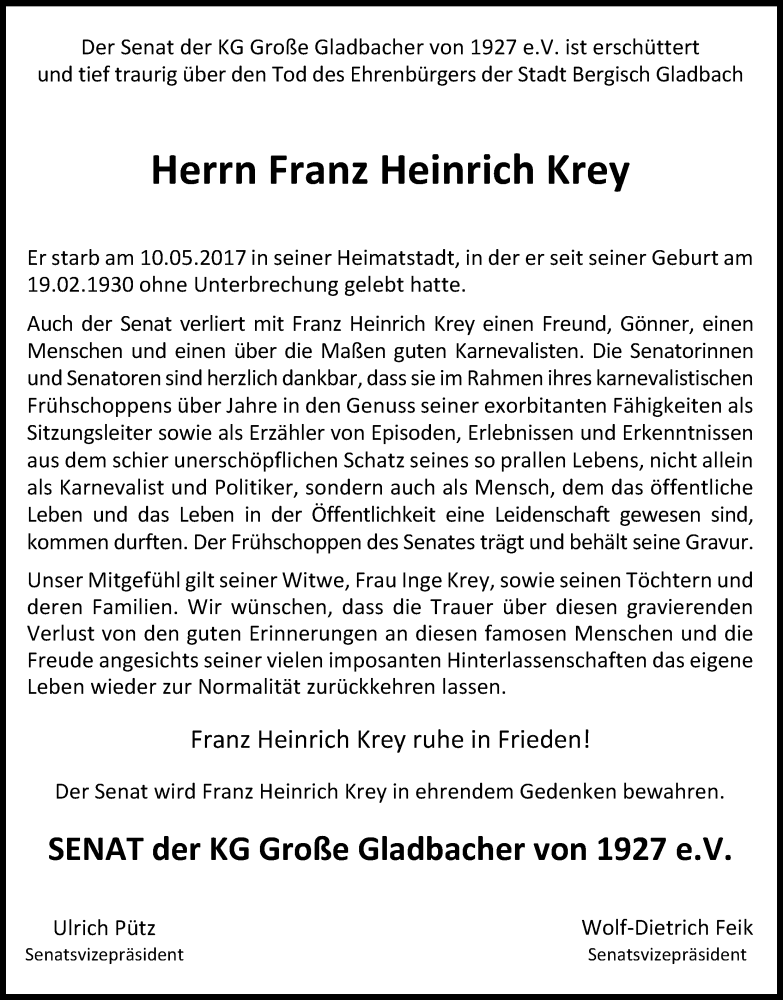  Traueranzeige für Franz Heinrich Krey vom 16.05.2017 aus Kölner Stadt-Anzeiger / Kölnische Rundschau / Express