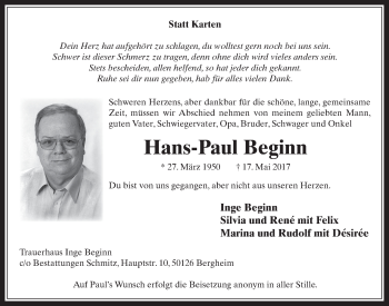 Anzeige von Hans-Paul Beginn von  Werbepost 