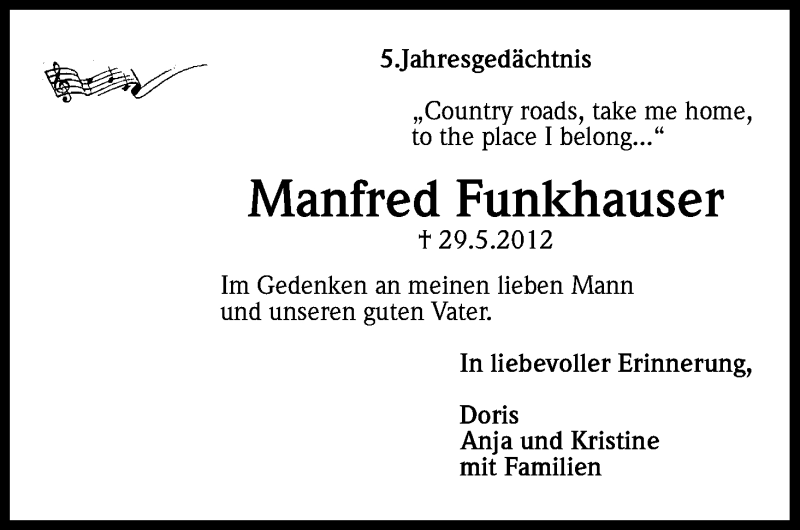  Traueranzeige für Manfred Funkhauser vom 29.05.2017 aus Kölner Stadt-Anzeiger / Kölnische Rundschau / Express