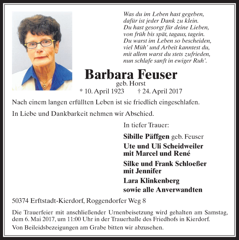  Traueranzeige für Barbara Feuser vom 03.05.2017 aus  Werbepost 