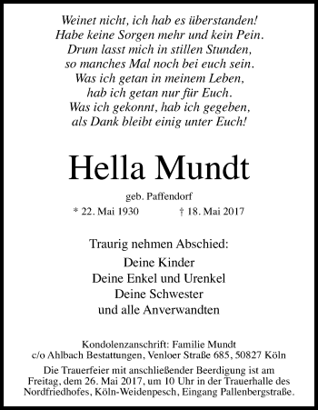Anzeige von Hella Mundt von Kölner Stadt-Anzeiger / Kölnische Rundschau / Express