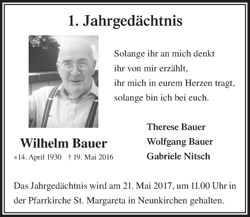  Traueranzeige für Wilhelm Bauer vom 17.05.2017 aus  Extra Blatt 