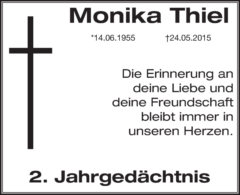  Traueranzeige für Monika Thiel vom 31.05.2017 aus  Extra Blatt 