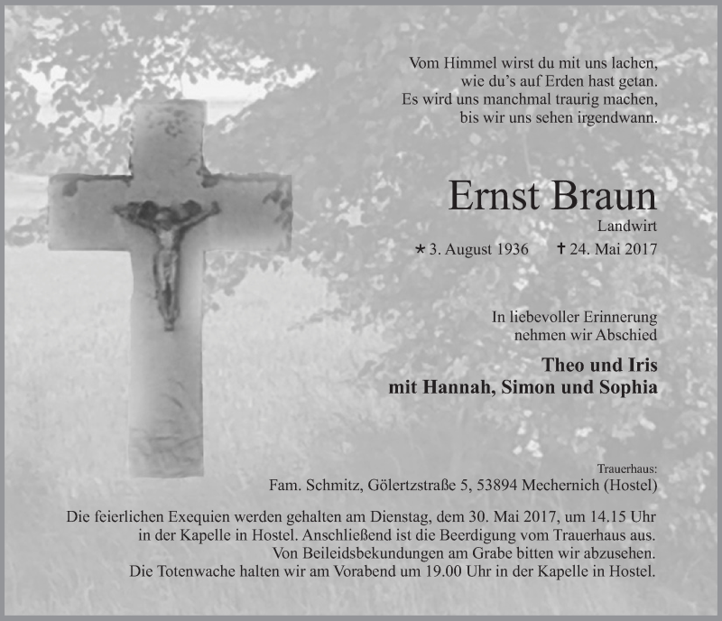  Traueranzeige für Ernst Braun vom 27.05.2017 aus  Blickpunkt Euskirchen 