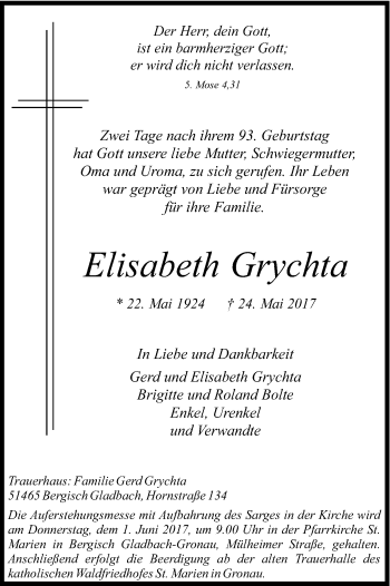 Anzeige von Elisabeth Grychta von Kölner Stadt-Anzeiger / Kölnische Rundschau / Express