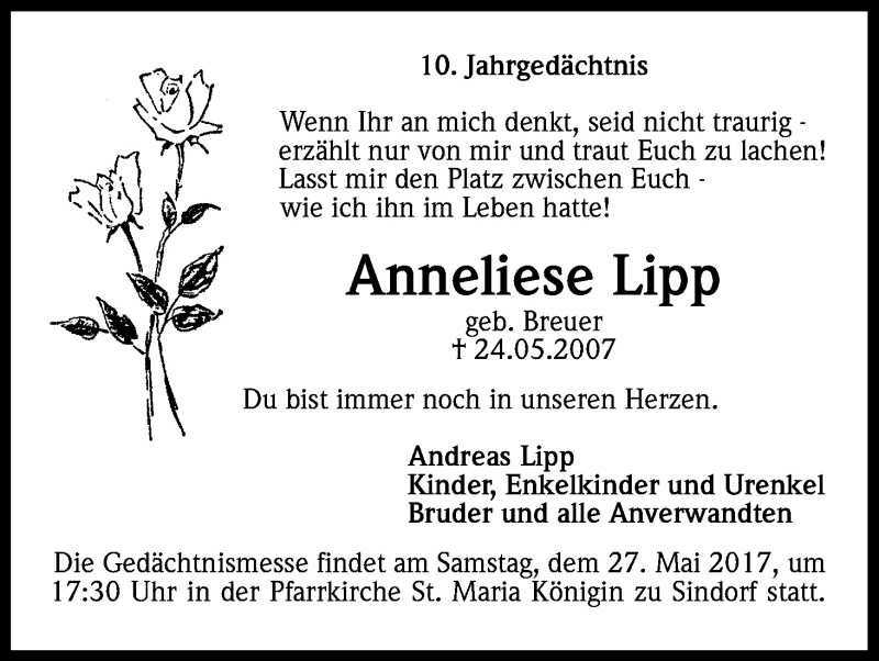 Traueranzeige für Anneliese Lipp vom 24.05.2017 aus Kölner Stadt-Anzeiger / Kölnische Rundschau / Express