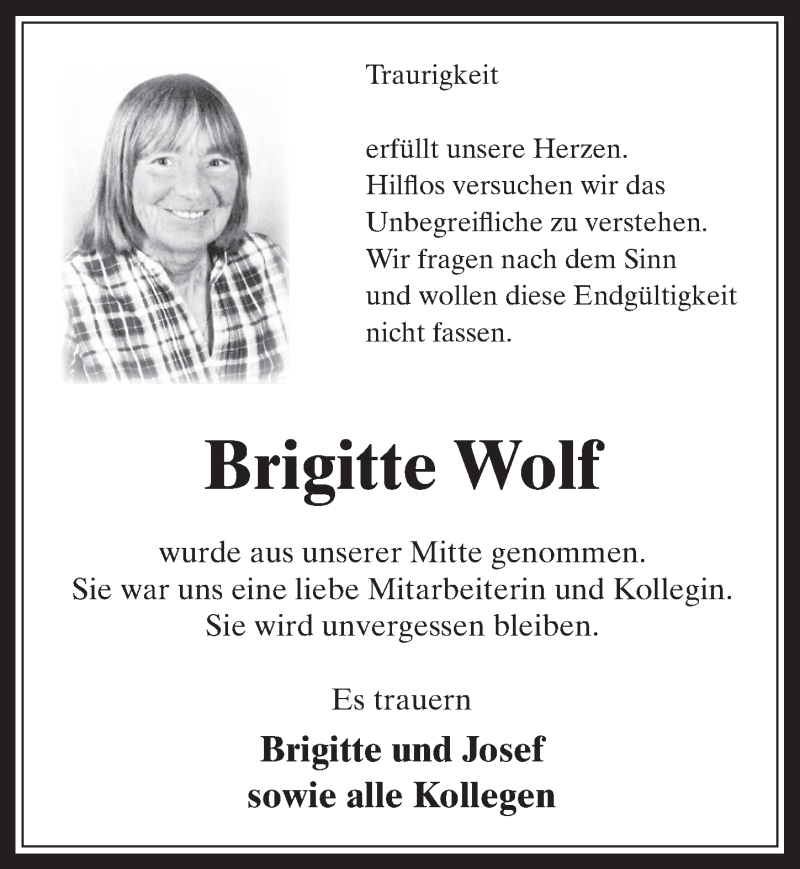  Traueranzeige für Brigitte Wolf vom 31.05.2017 aus  Werbepost 