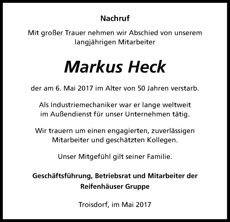  Traueranzeige für Markus Heck vom 20.05.2017 aus Kölner Stadt-Anzeiger / Kölnische Rundschau / Express