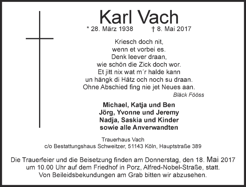  Traueranzeige für Karl Vach vom 17.05.2017 aus  Kölner Wochenspiegel 