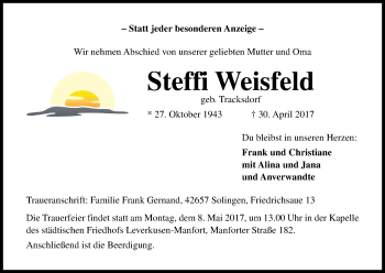 Anzeige von Steffi Weisfeld von Kölner Stadt-Anzeiger / Kölnische Rundschau / Express
