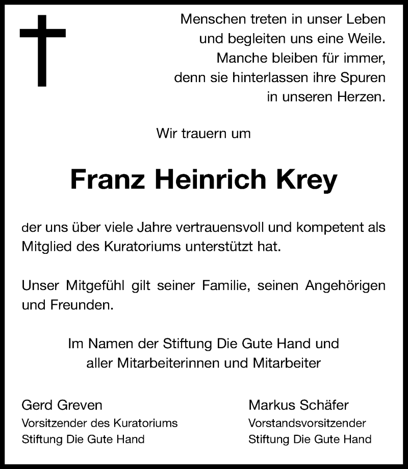  Traueranzeige für Franz Heinrich Krey vom 27.05.2017 aus Kölner Stadt-Anzeiger / Kölnische Rundschau / Express
