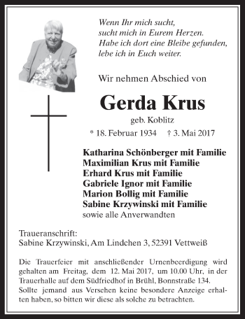 Anzeige von Gerda Krus von  Schlossbote/Werbekurier 