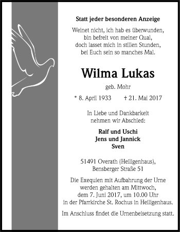 Anzeige von Wilma Lukas von Kölner Stadt-Anzeiger / Kölnische Rundschau / Express