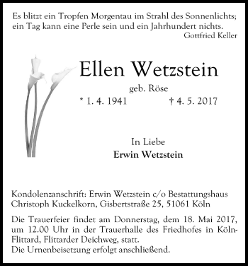 Anzeige von Ellen Wetzstein von Kölner Stadt-Anzeiger / Kölnische Rundschau / Express