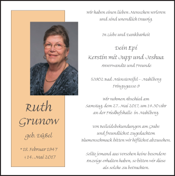 Anzeige von Ruth Grunow von  Blickpunkt Euskirchen 