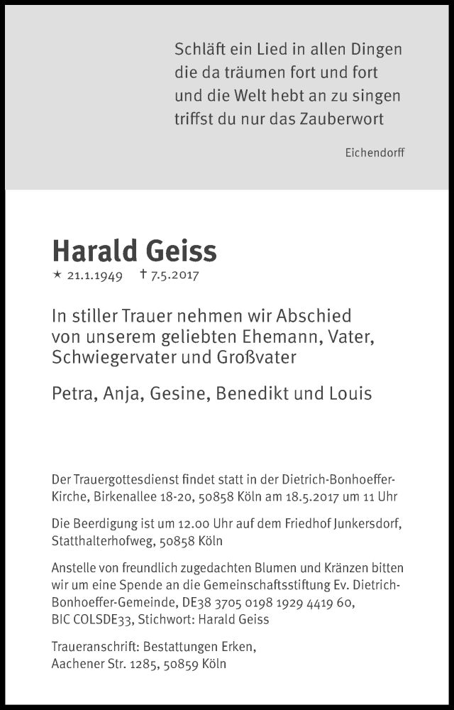  Traueranzeige für Harald Geiss vom 13.05.2017 aus Kölner Stadt-Anzeiger / Kölnische Rundschau / Express