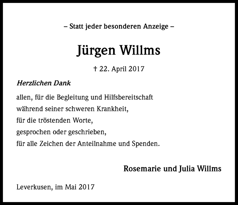  Traueranzeige für Jürgen Willms vom 20.05.2017 aus Kölner Stadt-Anzeiger / Kölnische Rundschau / Express