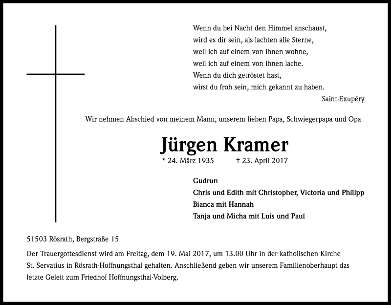  Traueranzeige für Jürgen Kramer vom 06.05.2017 aus Kölner Stadt-Anzeiger / Kölnische Rundschau / Express