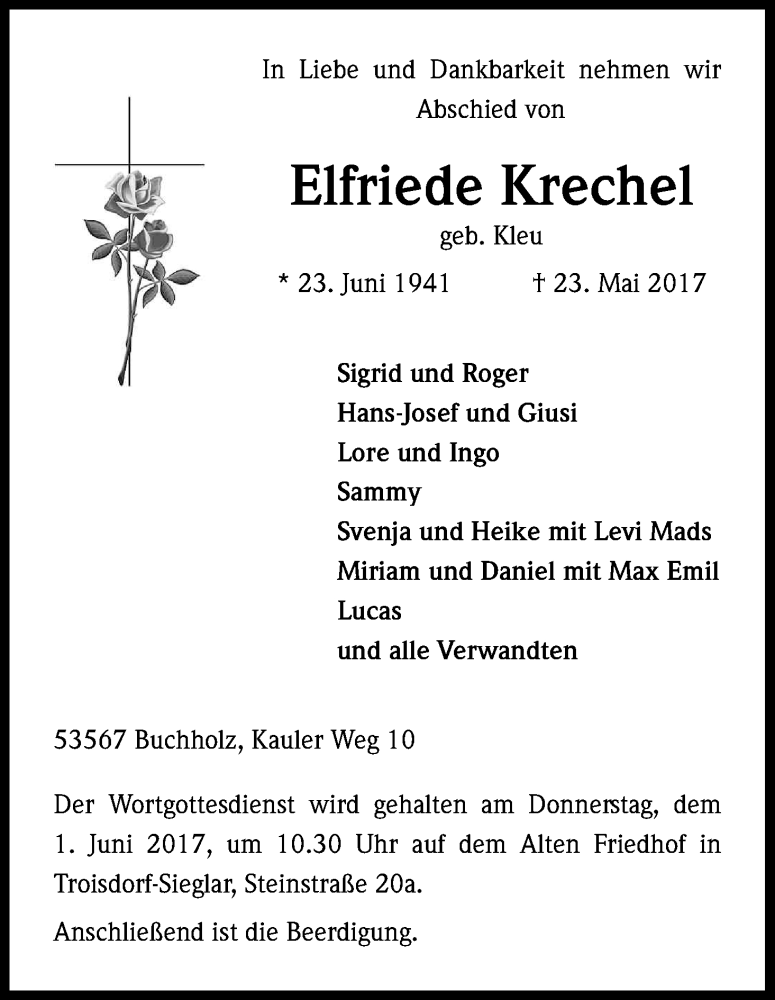  Traueranzeige für Elfriede Krechel vom 27.05.2017 aus Kölner Stadt-Anzeiger / Kölnische Rundschau / Express