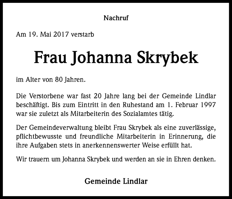  Traueranzeige für Johanna Skrybek vom 25.05.2017 aus Kölner Stadt-Anzeiger / Kölnische Rundschau / Express