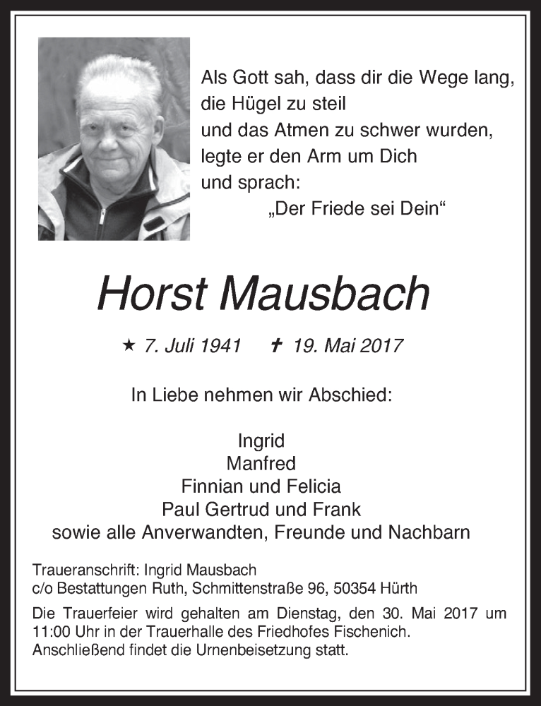  Traueranzeige für Horst Mausbach vom 24.05.2017 aus  Wochenende 