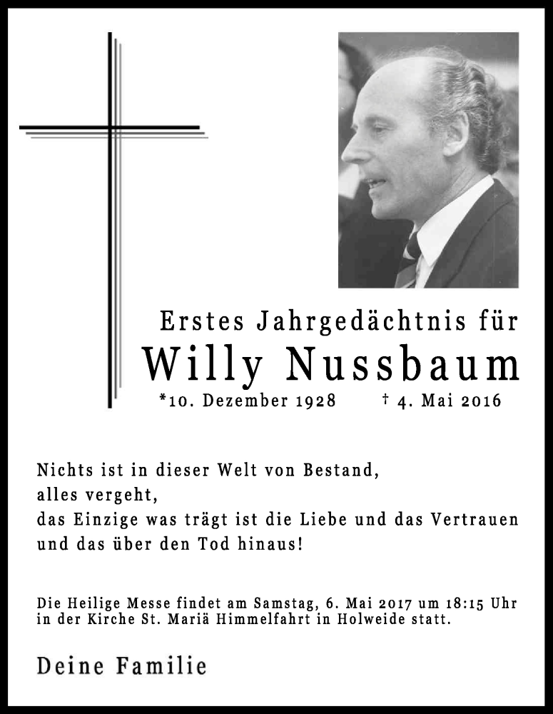  Traueranzeige für Willy Nussbaum vom 04.05.2017 aus Kölner Stadt-Anzeiger / Kölnische Rundschau / Express