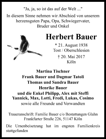 Anzeige von Herbert Bauer von  Kölner Wochenspiegel 