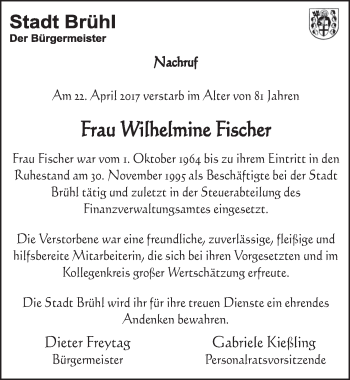Anzeige von Wilhelmine Fischer von  Schlossbote/Werbekurier 