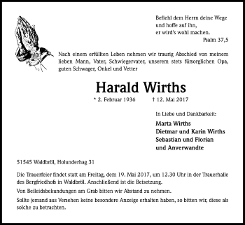 Anzeige von Harald Wirths von Kölner Stadt-Anzeiger / Kölnische Rundschau / Express